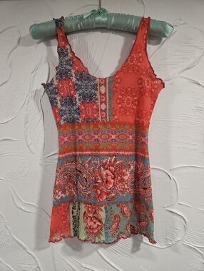 Fuzzi• Y2K Vintage Boho Floral Patchwork Coral Multi Color Tank Top. Sz L